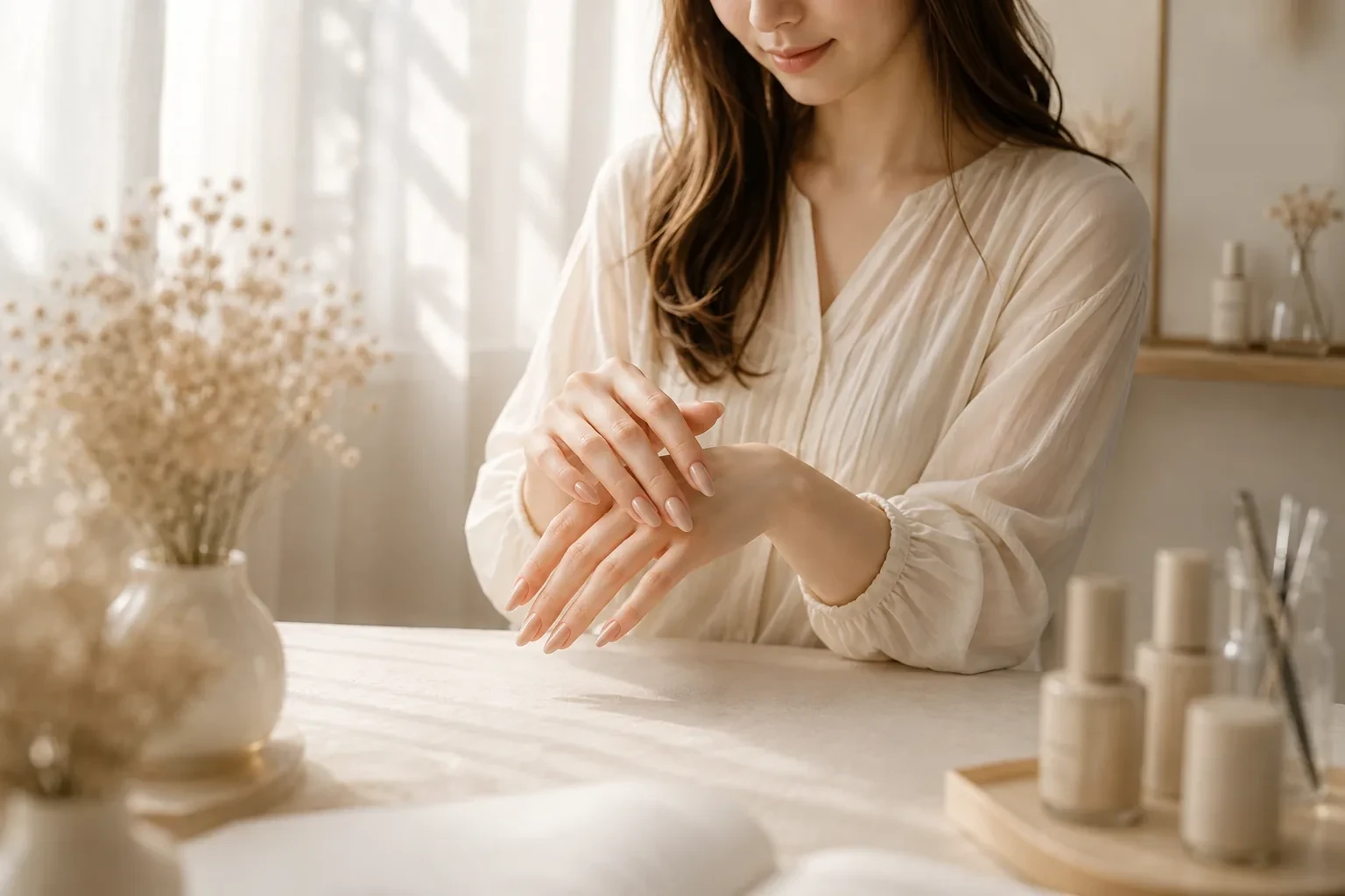 NOÉLUNE NAIL ATELIERを想定した、明るいサロンでネイルを見せる女性の制作イメージ